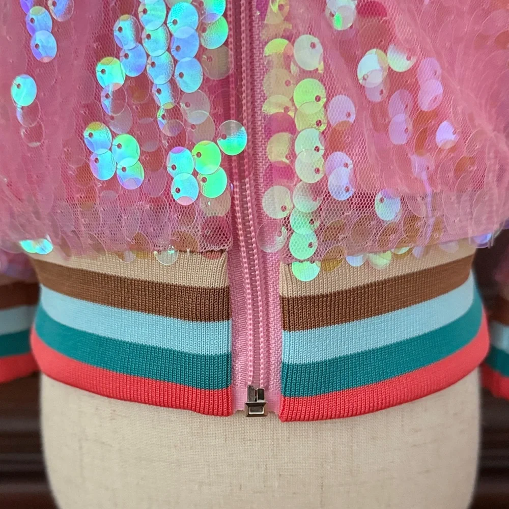 Marie Nicole Pink Iridescent Sequin Bomber Jacket Girls Boutique Zip Front